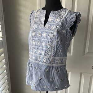 Boden Striped Blue and White Floral Eyelet Peplum Sleeveless Blouse 8